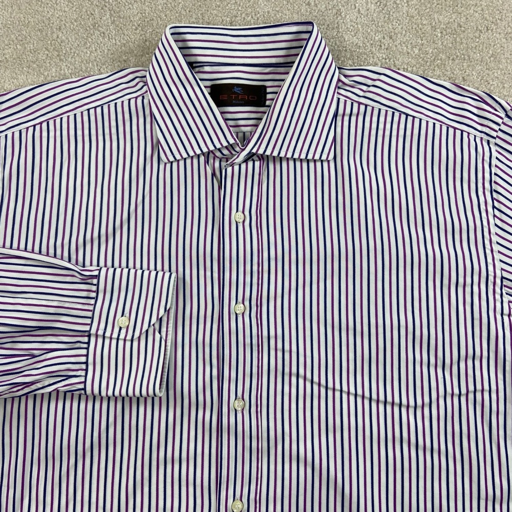 Etro Dress Shirt Mens 44 White Purple Navy Blue Striped Long Sleeve Cotton Italy